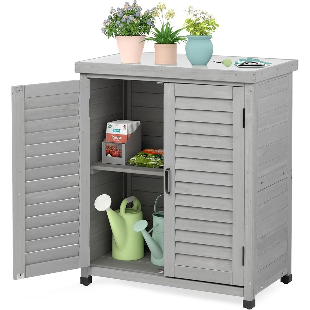 Garden Bench Metal - ตู้เก็บของกลางแจ้งและโต๊ะวางกระถางต้นไม้ ท็อปโลหะ เฟอร์นิเจอร์ไม้สำหรับลานบ้าน โต๊ะทำงานในสวน สีเทา 36x31x17