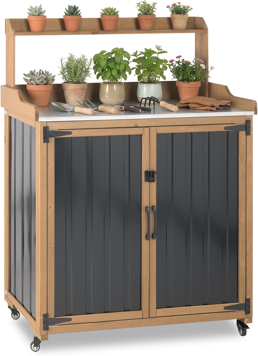 Garden Bench Metal - โต๊ะวางกระถางต้นไม้กลางแจ้ง ตู้เก็บของพร้อมล้อเลื่อน ชั้นวางปรับระดับได้ กันน้ำ ท็อปโลหะ โต๊ะทำงานเคลื่อนที่