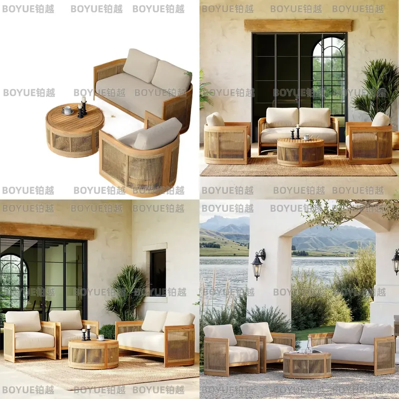 Rattan Lounge Set - ชุดโซฟาไม้สักสำหรับกลางแจ้ง พร้อมเก้าอี้หวายกันน้ำ เหมาะสำหรับลานบ้าน สวน วิลล่า โรงแรม