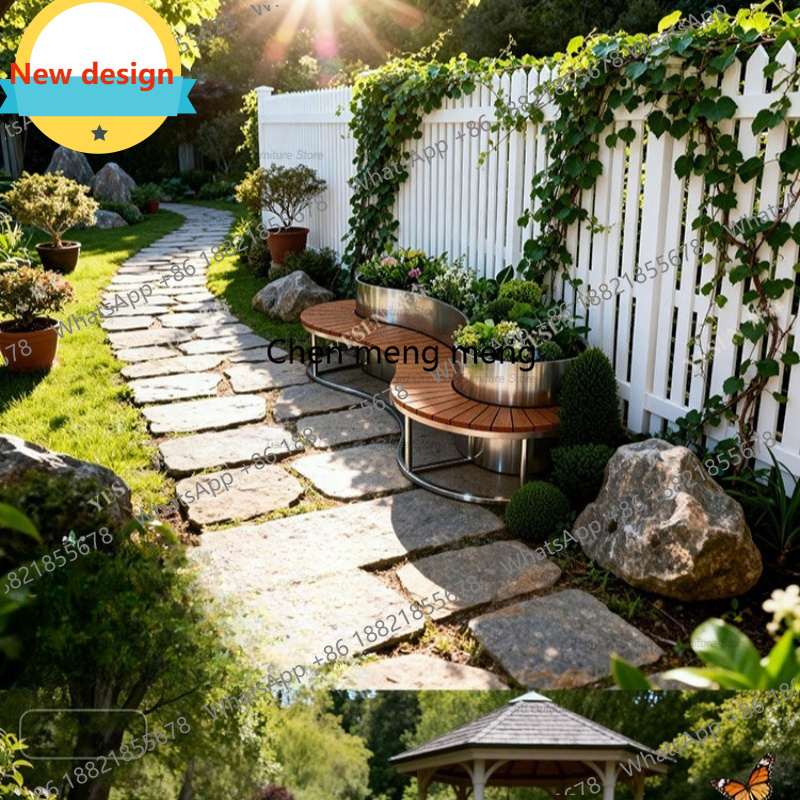 Garden Bench Metal - กล่องปลูกต้นไม้สแตนเลส D80 พร้อมที่นั่งสำหรับกลางแจ้ง ระเบียงบ้าน กล่องปลูกต้นไม้แบบยาว ม้านั่งตกแต่งสวน