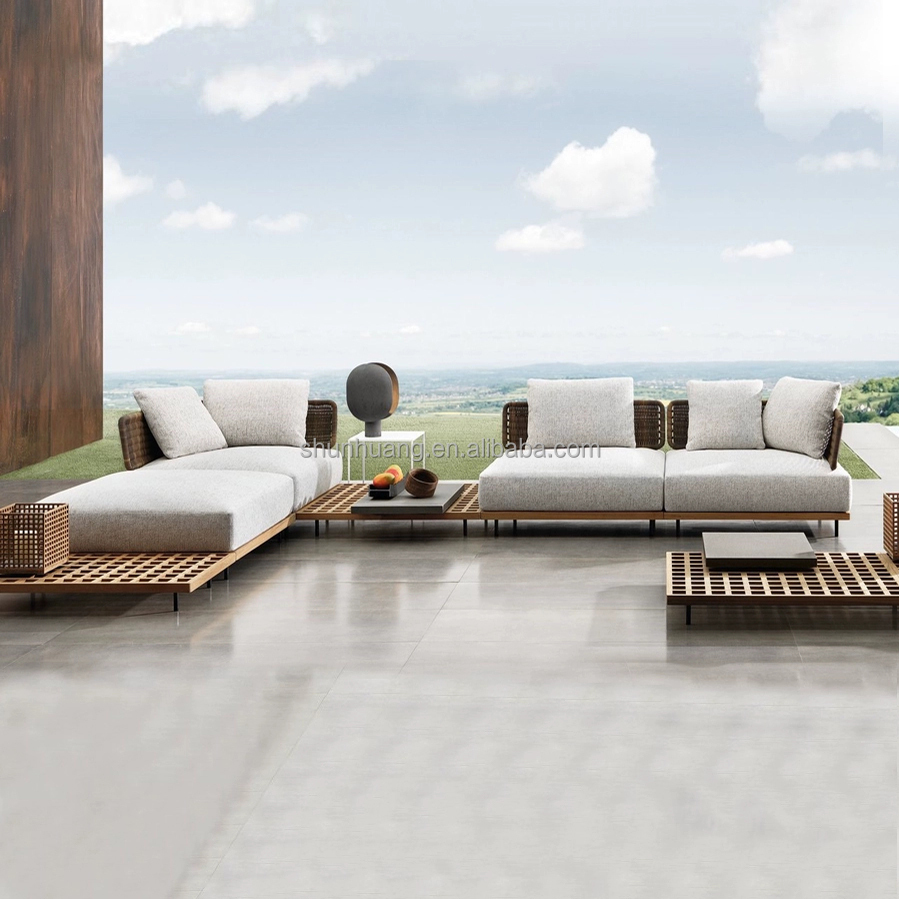 Outdoor Furniture Teak - ชุดโซฟาสวนทันสมัย เฟอร์นิเจอร์กลางแจ้ง โซฟาไม้สำหรับระเบียง ชุดโซฟาพักผ่อนไม้สักและอะลูมิเนียม