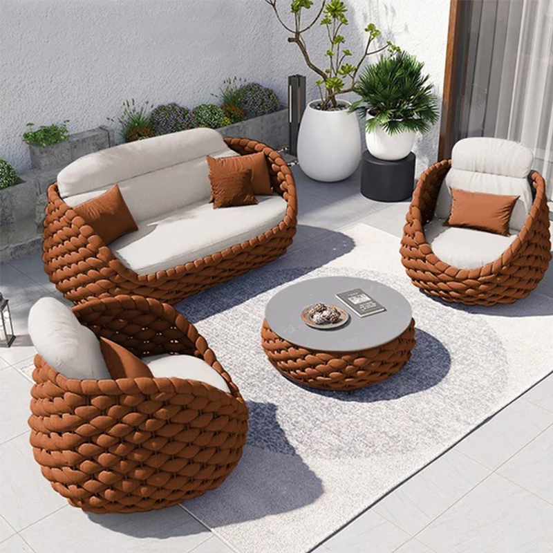 Rattan Lounge Set - ชุดโซฟาหวายถักสไตล์นอร์ดิกสำหรับสวนกลางแจ้ง ยี่ห้อ Juecheng เฟอร์นิเจอร์ระเบียงแบบแยกส่วน