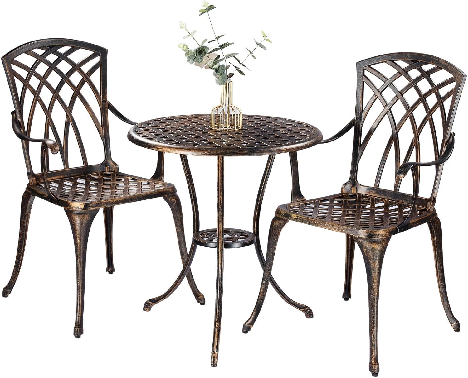 Outdoor Furniture Patio - ชุดบิสโทรกลางแจ้ง 3 ชิ้น ทำจากอะลูมิเนียมหล่อเคลือบสีบรอนซ์ ทนทานต่อการเกิดสนิม พร้อมโต๊ะทรงกลมที่มีช่องสำหรับร่ม