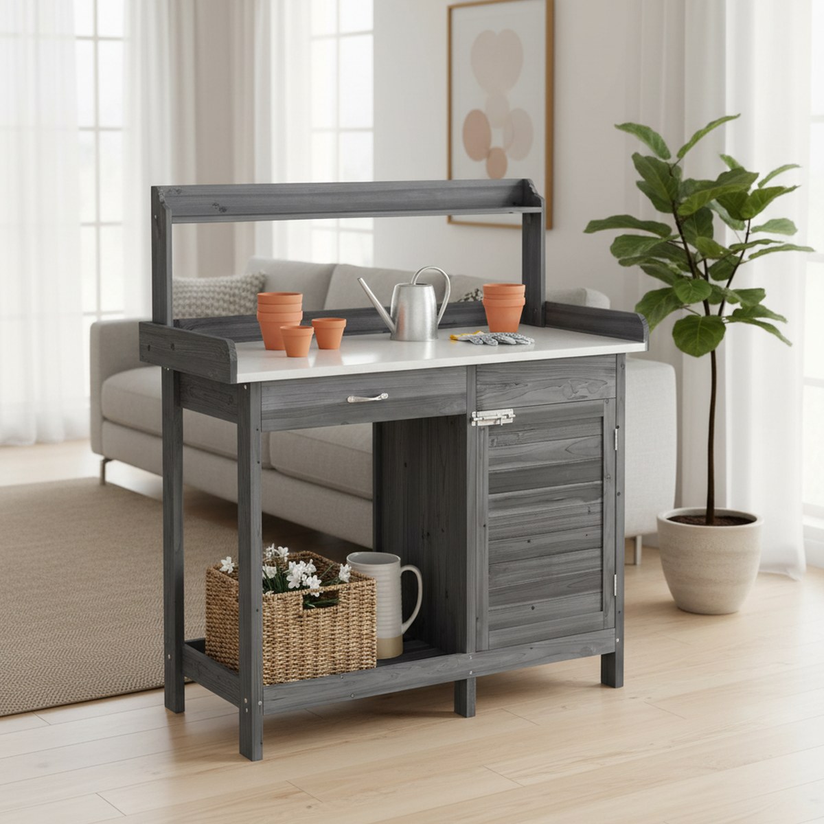 Garden Bench Metal - โต๊ะทำงานกลางแจ้งสำหรับปลูกต้นไม้ สีเทา ทำจากโลหะ พร้อมตู้เก็บของ สำหรับลานบ้านและสวน พื้นผิวทำงานกลางแจ้งที่ทนทาน