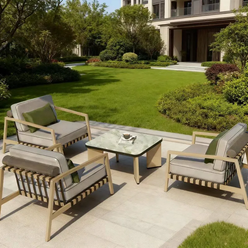 Rattan Lounge Set - ชุดเฟอร์นิเจอร์หวายอลูมิเนียมอัลลอยสำหรับกลางแจ้งสไตล์นอร์ดิก เหมาะสำหรับลานบ้าน ระเบียง และพื้นที่นั่งเล่นกลางแจ้ง