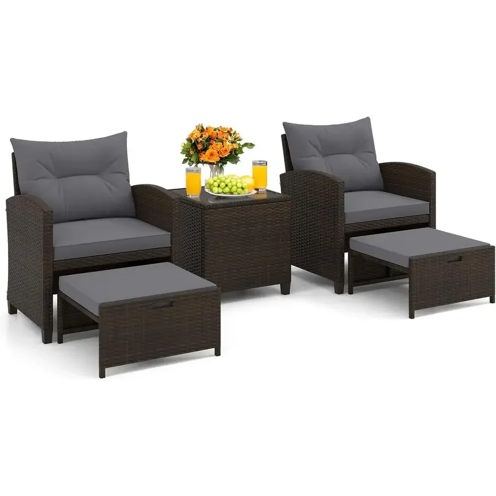 Rattan Lounge Set - ชุดเฟอร์นิเจอร์ลานบ้าน 5 ชิ้นพร้อมออตโตมัน, ชุดเฟอร์นิเจอร์กลางแจ้งหวายพร้อมโต๊ะกาแฟและเบาะรองนั่ง, ชุดโซฟาเลานจ์หวาย PE