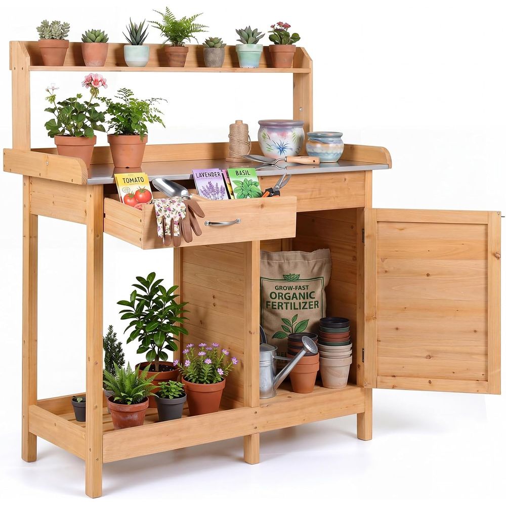 Garden Bench Metal - โต๊ะทำงานในสวนกลางแจ้งพร้อมตู้เก็บของ ชั้นวางของแบบเปิด ตะขอเกี่ยวข้าง ท็อปโต๊ะโลหะสำหรับทำสวน