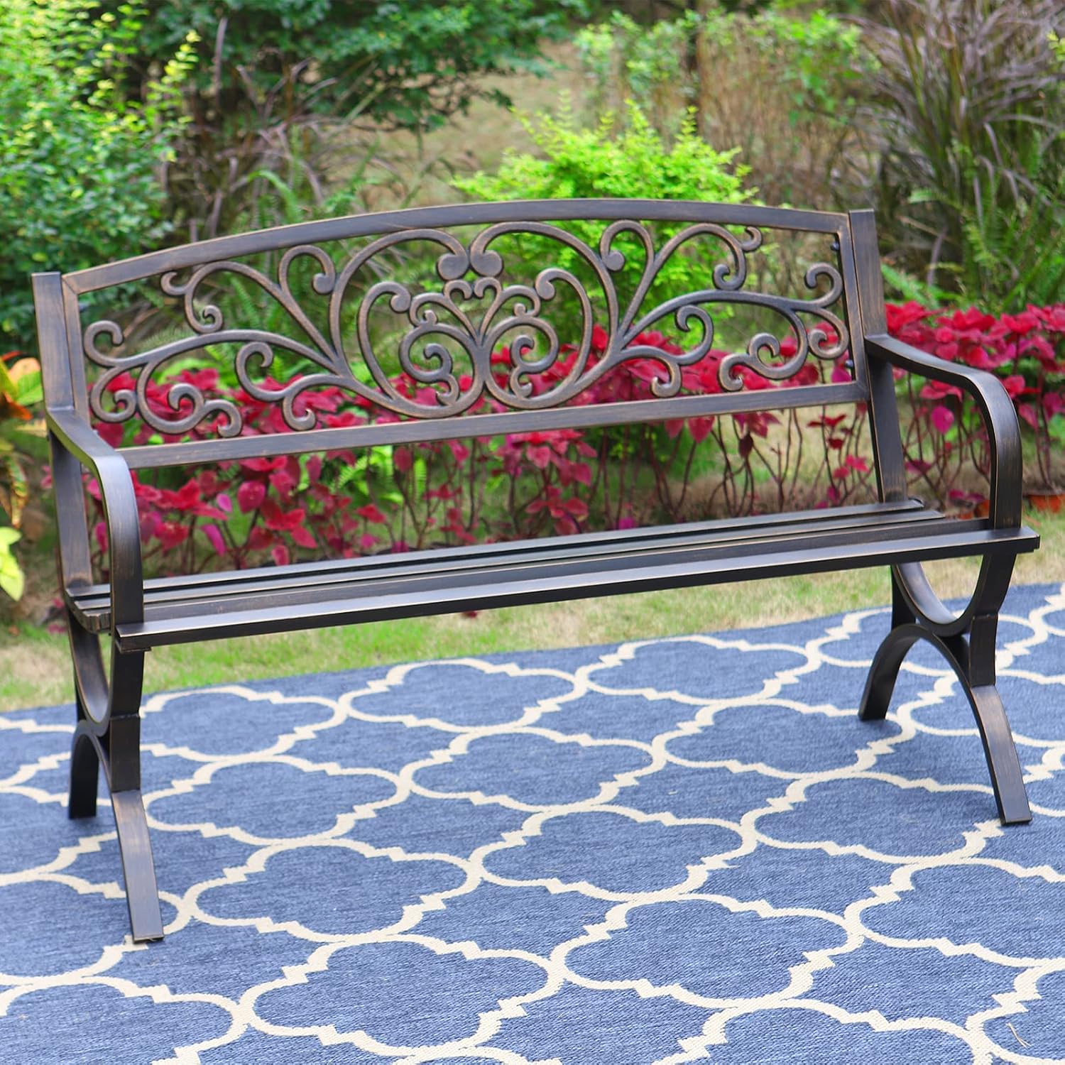 Garden Bench Metal - ม้านั่งสวนกลางแจ้งขนาด 50 นิ้ว สีบรอนซ์ ทนทานต่อสภาพอากาศ ทำจากเหล็กหล่อ