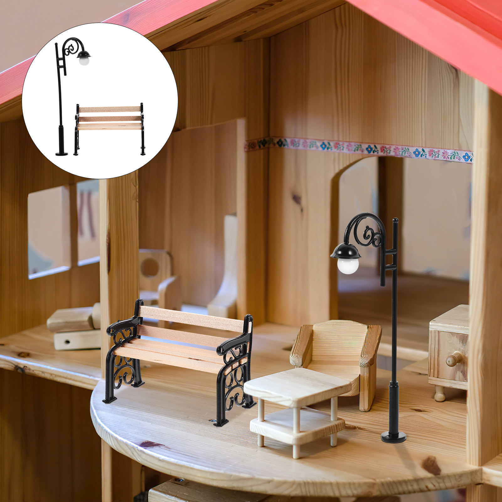 Garden Bench Metal - ชุดเฟอร์นิเจอร์ตกแต่งสวนขนาดเล็ก 1 ชุด ประกอบด้วยม้านั่งในสวน โคมไฟถนน และของตกแต่งอื่นๆ