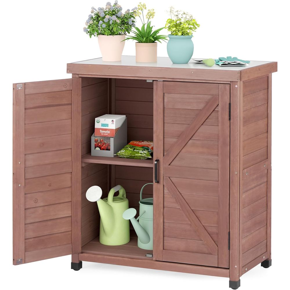 Garden Bench Metal - ตู้เก็บของกลางแจ้งและโต๊ะทำงานปลูกต้นไม้พร้อมท็อปโลหะ เฟอร์นิเจอร์ไม้สำหรับลานบ้าน สถานีทำงานในสวน (สีน้ำตาลรอยัล ขนาด 36x31x17