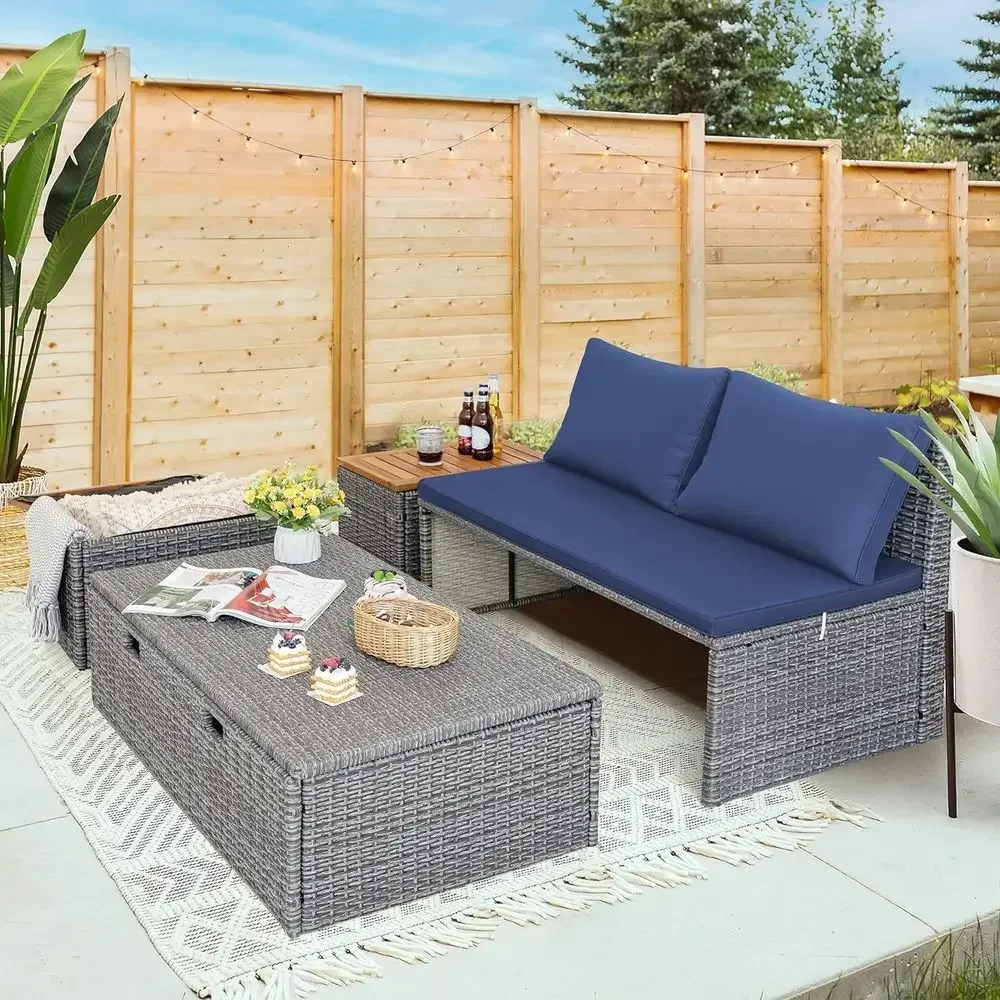 ชุดเตียงนอนกลางแจ้งสีน้ำเงินกร - Rattan Lounge Set บทวิจารณ์และราคา